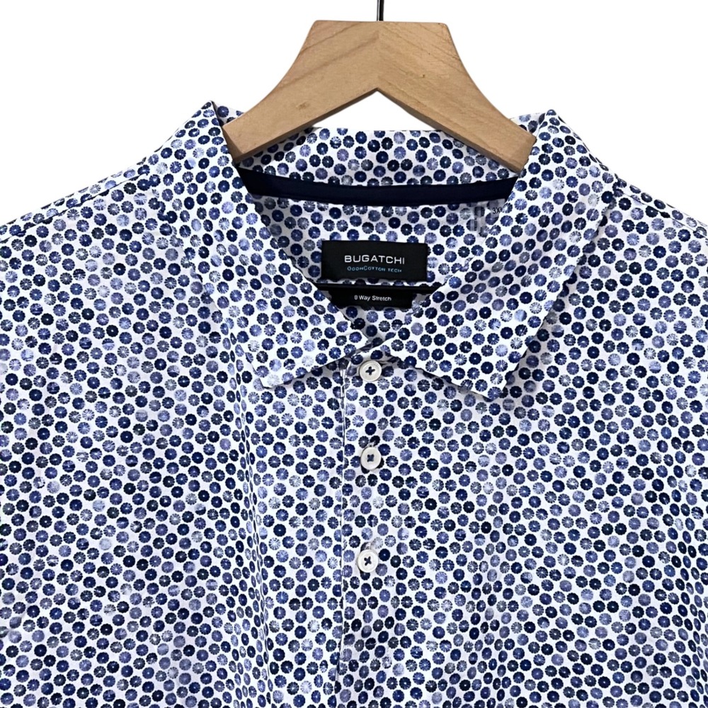 Bugatchi OoohCotton Tech Polo Shirt 3XL Classic Blue Geometric Print Stretch